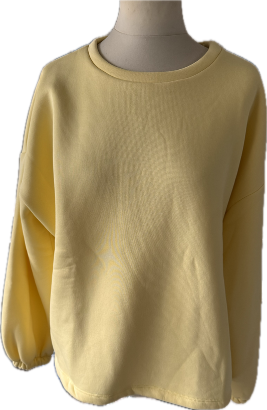 Sweatshirt in gelb, Schriftzug hinten in hellblau