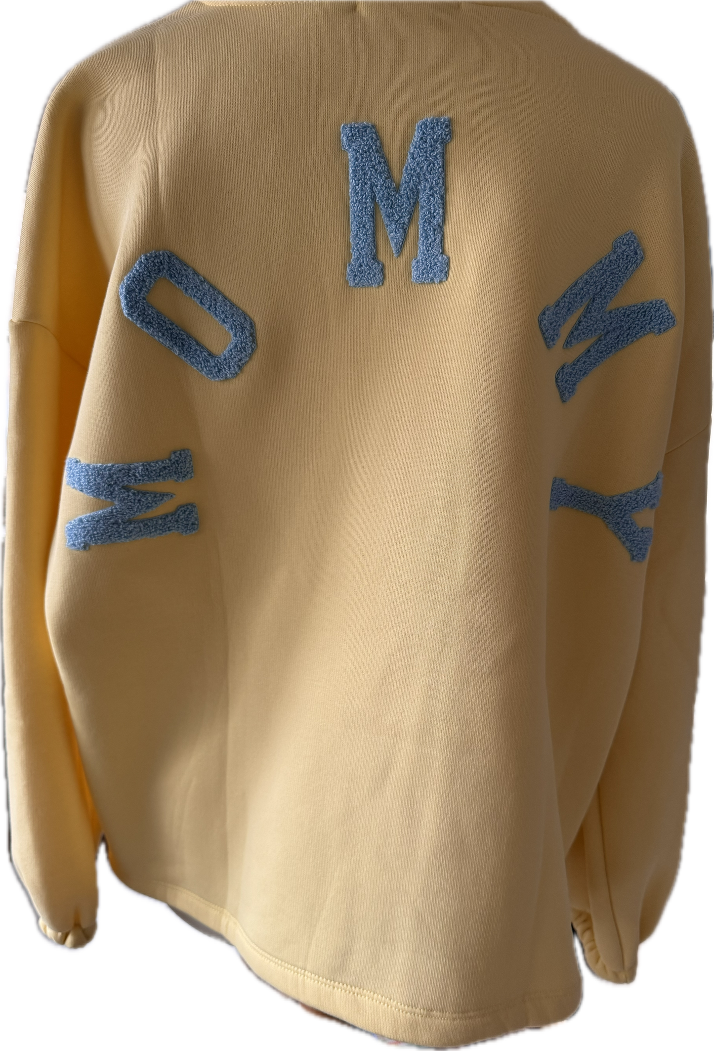 Sweatshirt in gelb, Schriftzug hinten in hellblau