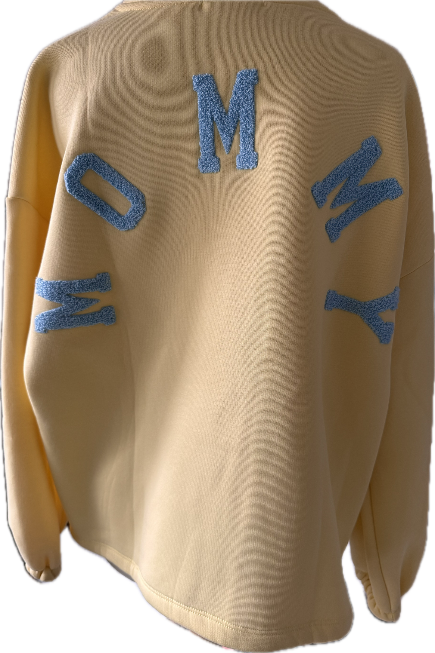 Sweatshirt in gelb, Schriftzug hinten in hellblau