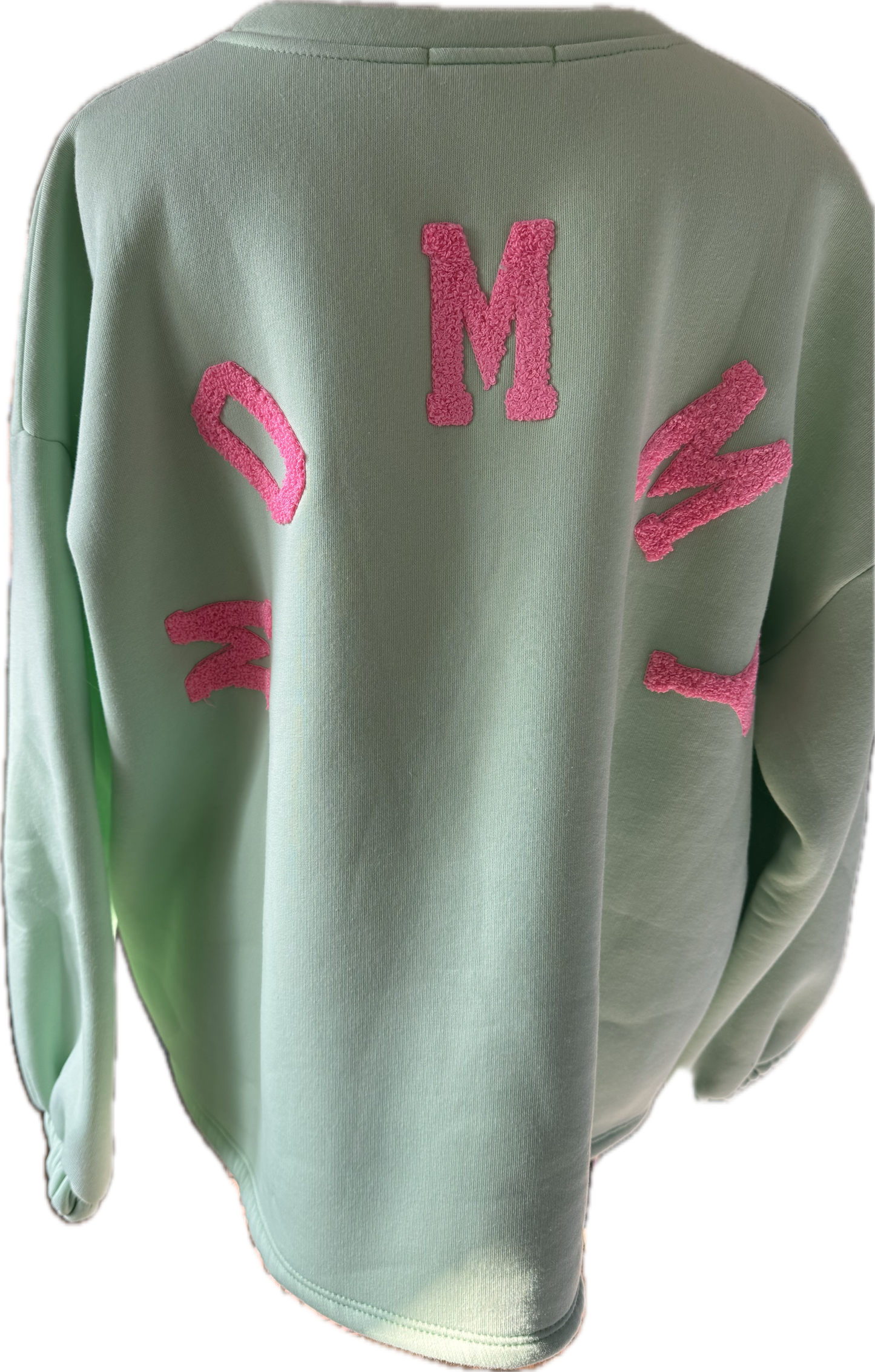 Sweatshirt in mintgrün, Schriftzug hinten in pinkrose