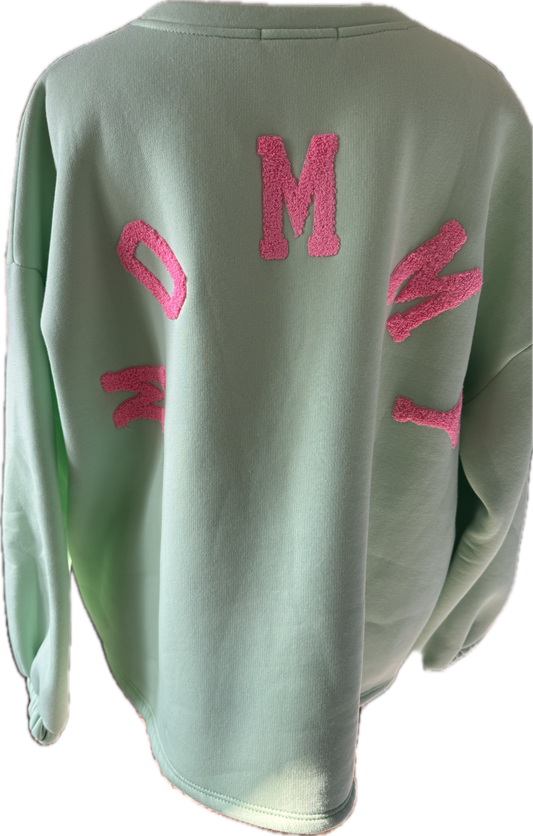 Sweatshirt in mintgrün, Schriftzug hinten in pinkrose