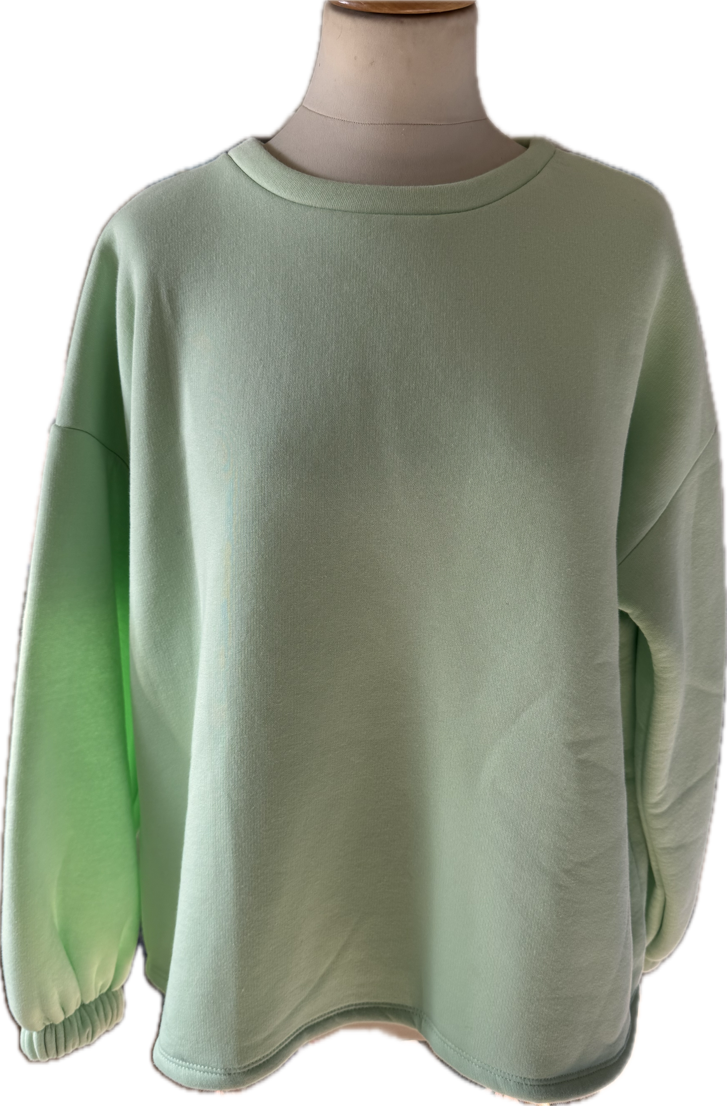 Sweatshirt in mintgrün, Schriftzug hinten in bunt